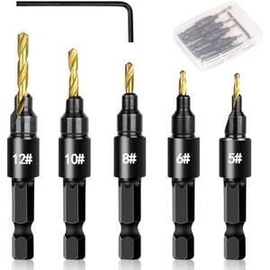 5PCS Countersink Drill Bit Set, Professional Brocas para Madera - Adjustable Wooden Drill Bit Set, Used for Wood Countersink Drill Bit with Depth Stop