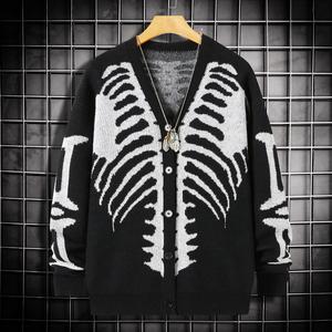 Trendy Skeleton Cardigan Women's Skeleton Print Button Front Cardigan, Regular Fit Casual Drop Shoulder Long Sleeve V Neck Knitwear for Fall & Winter, Men's Knit Clothing for Daily Wear knitted sweater men Festive