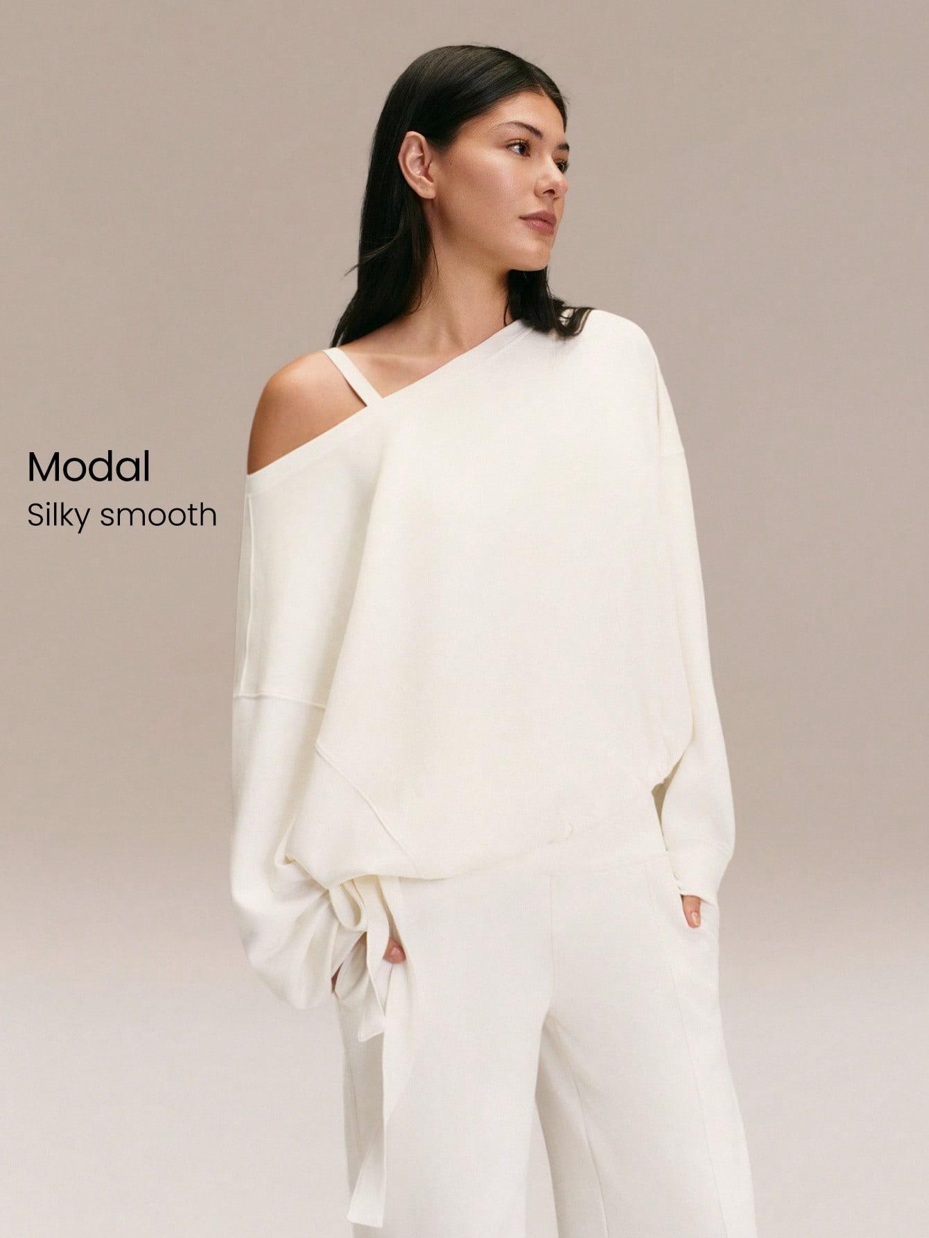 GLOWMODE SoftSerene Modal Own Your Flow Soft Silky Smooth Breathable Waist Length Adjustable Drawstring Hem One Shoulder Pullover Sweatshirt Daily Casual Wear
