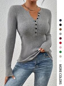 Women's Plain Button Front Ribbed Sweater, Elegant Long Sleeve Round Neck Jumper for Fall & Winter, Fashion Ladies' Knitwear for Daily Wear