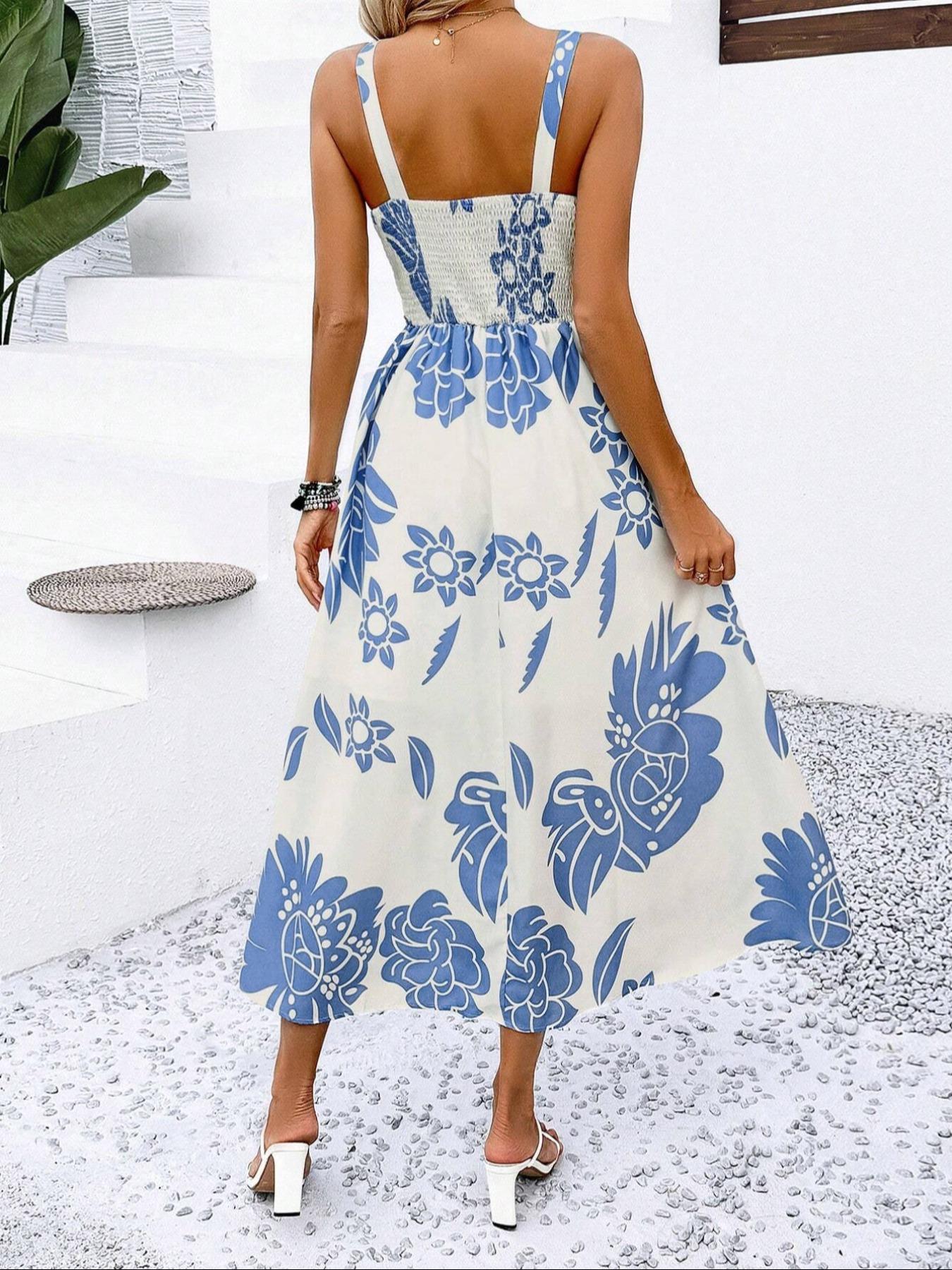 Elegant Women's Floral Print Wide Strap Dress, Backless Ruched Design, Sleeveless Long Casual Dress for Vacation, Casual Wear