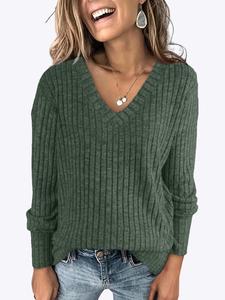 Women's Plain Soft Drop Shoulder V Neck Knitwear Tee, Casual Long Sleeve Top for Spring & Fall, Chic Fashion Women's Clothes for Daily Wear