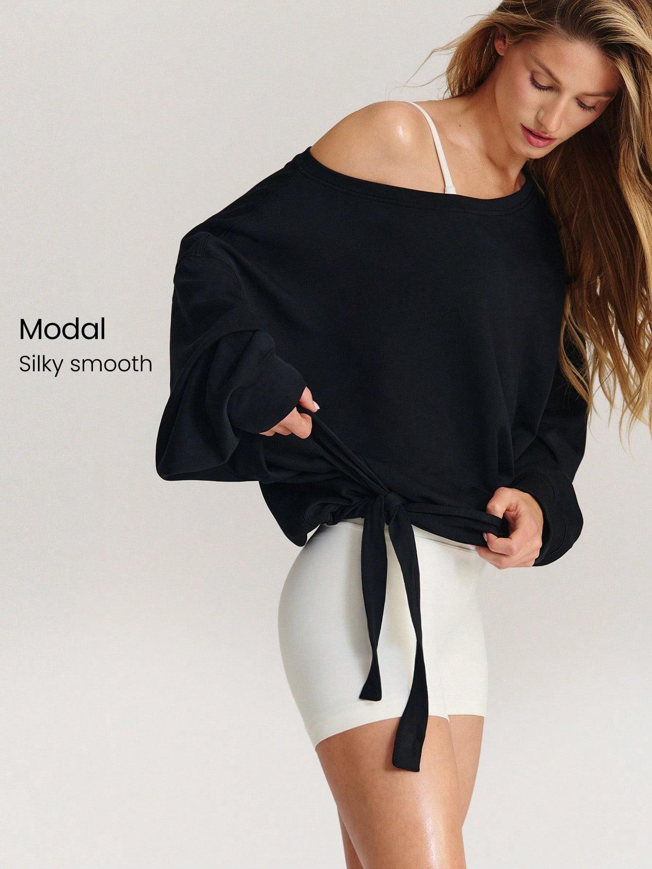 GLOWMODE SoftSerene Modal Own Your Flow Soft Silky Smooth Breathable Waist Length Adjustable Drawstring Hem One Shoulder Pullover Sweatshirt Daily Casual Wear