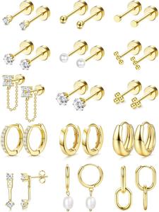 Flat Back Earrings for Women, Hypoallergenic Surgical Steel for Sensitive Ears, 20g Cartilage Earring Sets with Hoops
