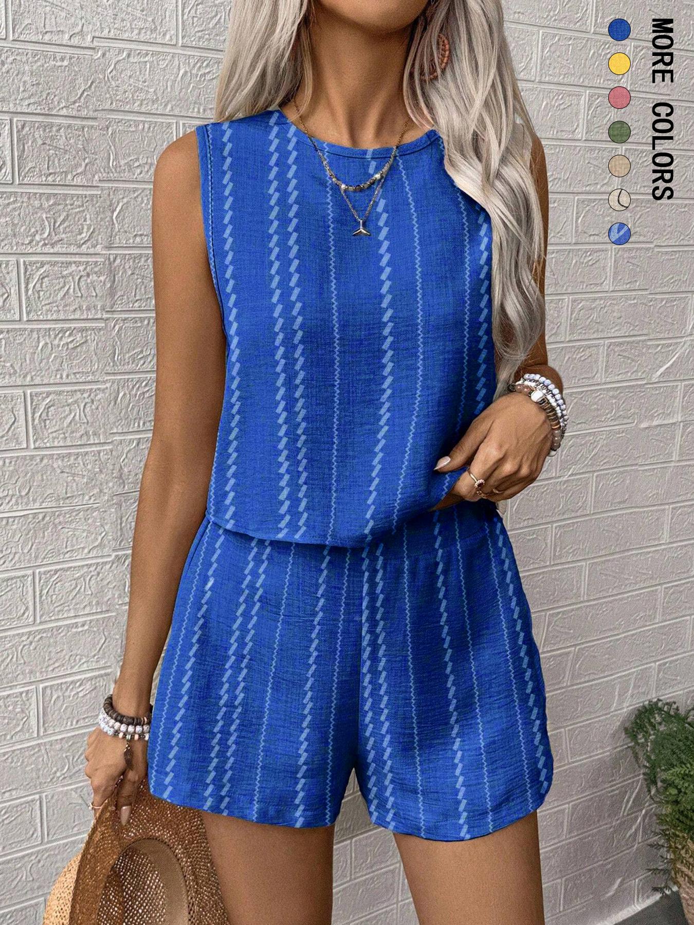 Two-piece Set Women's Striped Print Crop Tank Top & Shorts, Casual Style Set Sleeveless Round Neck Top & Shorts for Summer, Ladies Clothes for Daily Wear, Blouse Shorts Set, Striped Sets