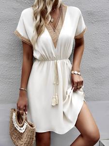 Women's Patchwork Tie Front Dress, Elegant Casual Short Sleeve V Neck Dress for Summer, Fashion Women's Clothes for Daily Wear, Womenswear, Boho Clothes, Shortsleeve, Lady