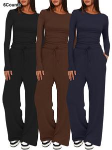 Women's Solid Knitting Ruched Drawstring Adjustable Loungewear Set, Casual Long Sleeve Round Neck Top & Pocket Wide Leg Trousers, Ladies Pajama Sleepwear Pjs for All Seasons