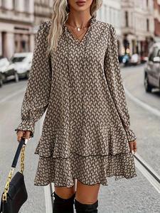 Plus Size All-Over Print Frill Trim Tie Neck Ruffle Hem Dress, Casual Boho Soft Chic Fitted Flounce Sleeve Tiered Short Dress for Spring and Fall, Women's Plus Size Long Sleeve Muumuu Dress for Daily Wear, Womenswear