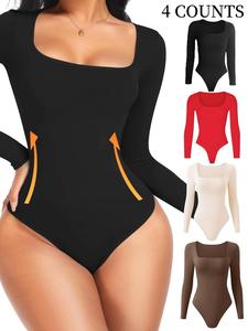 Women's Solid Square Neck Long Sleeve Shapewear Bodysuit, Casual Comfy Tummy Control Butt Lift Shaper, Ladies Shapewear for All Seasons
