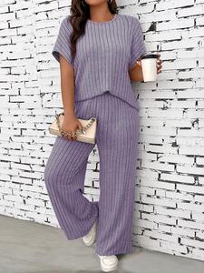 【Plus Size】 Solid Color Batwing Sleeve Tee & Pants Pajama, Casual Comfy Round Neck Short Sleeve T-Shirt & Trousers PJ Set, Women's Sleepwear Loungewear Pajamas Set for All Seasons