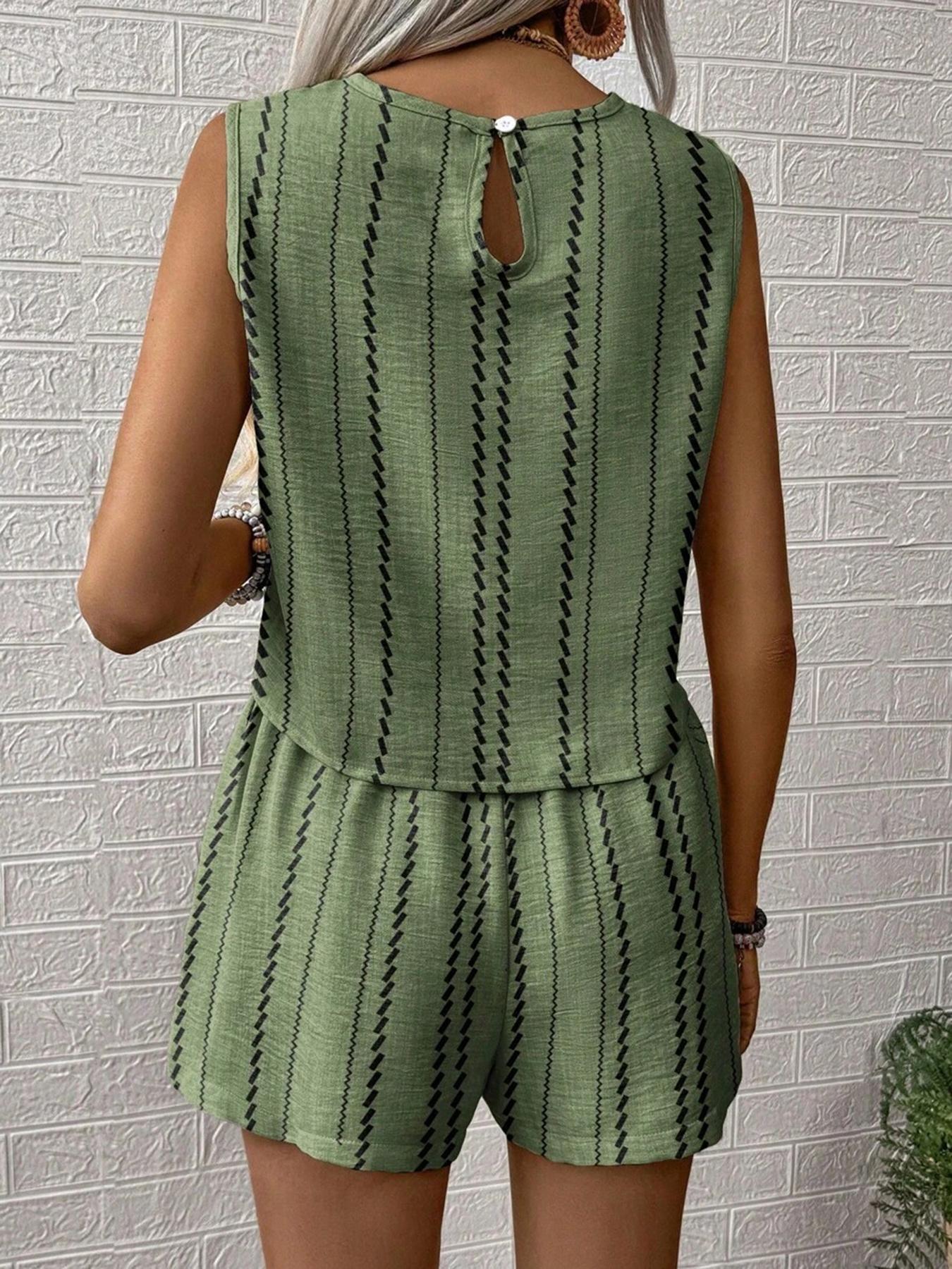 Two-piece Set Women's Striped Print Crop Tank Top & Shorts, Casual Style Set Sleeveless Round Neck Top & Shorts for Summer, Ladies Clothes for Daily Wear, Blouse Shorts Set, Striped Sets