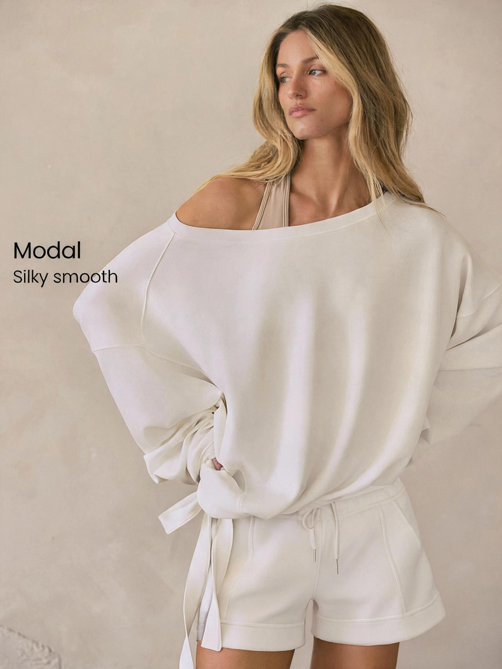GLOWMODE SoftSerene Modal Own Your Flow Soft Silky Smooth Breathable Waist Length Adjustable Drawstring Hem One Shoulder Pullover Sweatshirt Daily Casual Wear