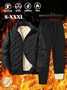 Men's Solid Zip Up Thermal Lined JacketWeekend Sale& Drawstring Waist Pants Two piece Set, Regular FitCasual Long Sleeve Stand Collar Outerwear & PocketTrousers for Fall & Winter, Men's Clothes for DailyWear
