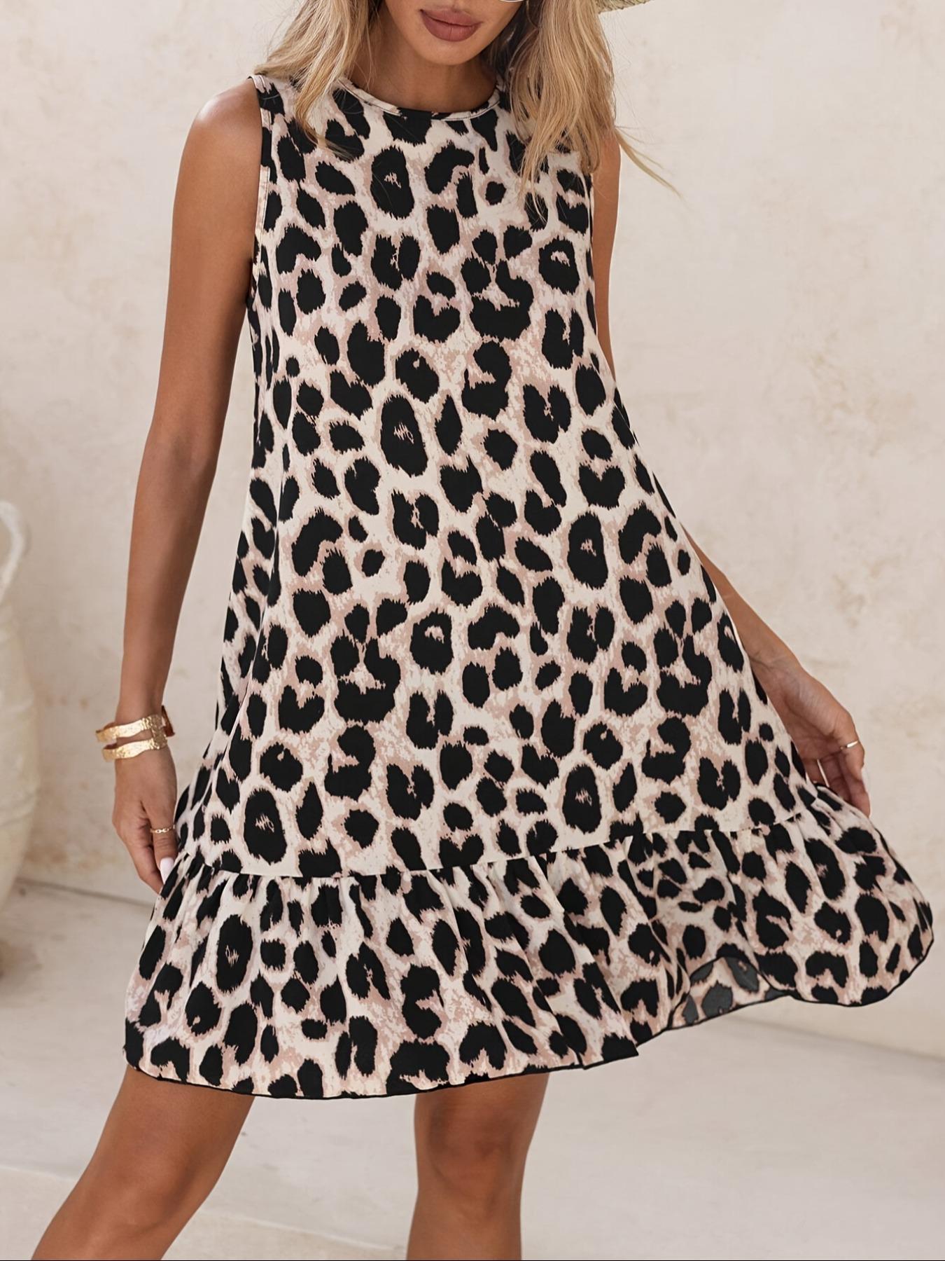 Women's Leopard Print Tank Dress, Casual Sleeveless Ruffle Hem Dress for Summer, Ladies Clothes for Beach Holiday Ruffled