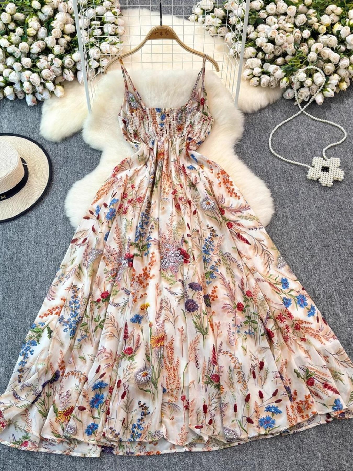 Women's Floral Print Spaghetti Cami Dress, Boho Bohemian Fashion Casual A Line Dress for Beach Holiday Vacation, Ladies Dress for Summer