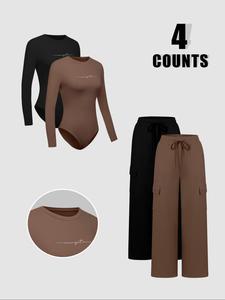 Women's Solid Long Sleeve Jersey Bodysuit & Adjustable Drawstring Waist Pants Set, Casual Round Neck Bodysuit & Trousers, Women's Clothing for Everyday Wear, Womenswear