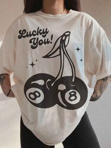 Women's Cherry & Letter Print Drop Shoulder Tee, Casual Half Sleeve Round Neck T-shirt for Summer, Graphic Print Tee, Women's Top for Daily Wear, Casual Fashion Comfy, Womenswear, Summer Tops
