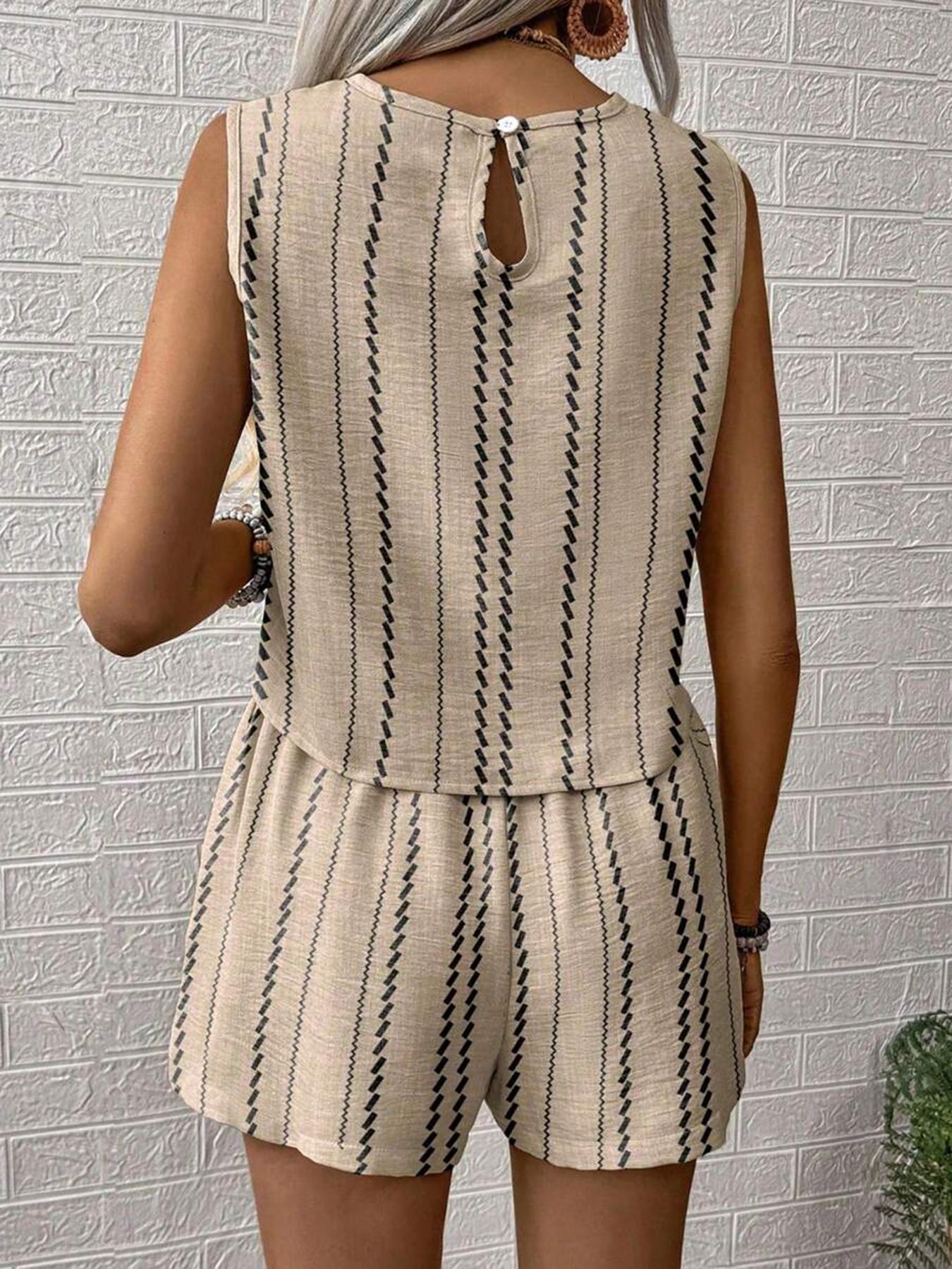 Two-piece Set Women's Striped Print Crop Tank Top & Shorts, Casual Style Set Sleeveless Round Neck Top & Shorts for Summer, Ladies Clothes for Daily Wear, Blouse Shorts Set, Striped Sets