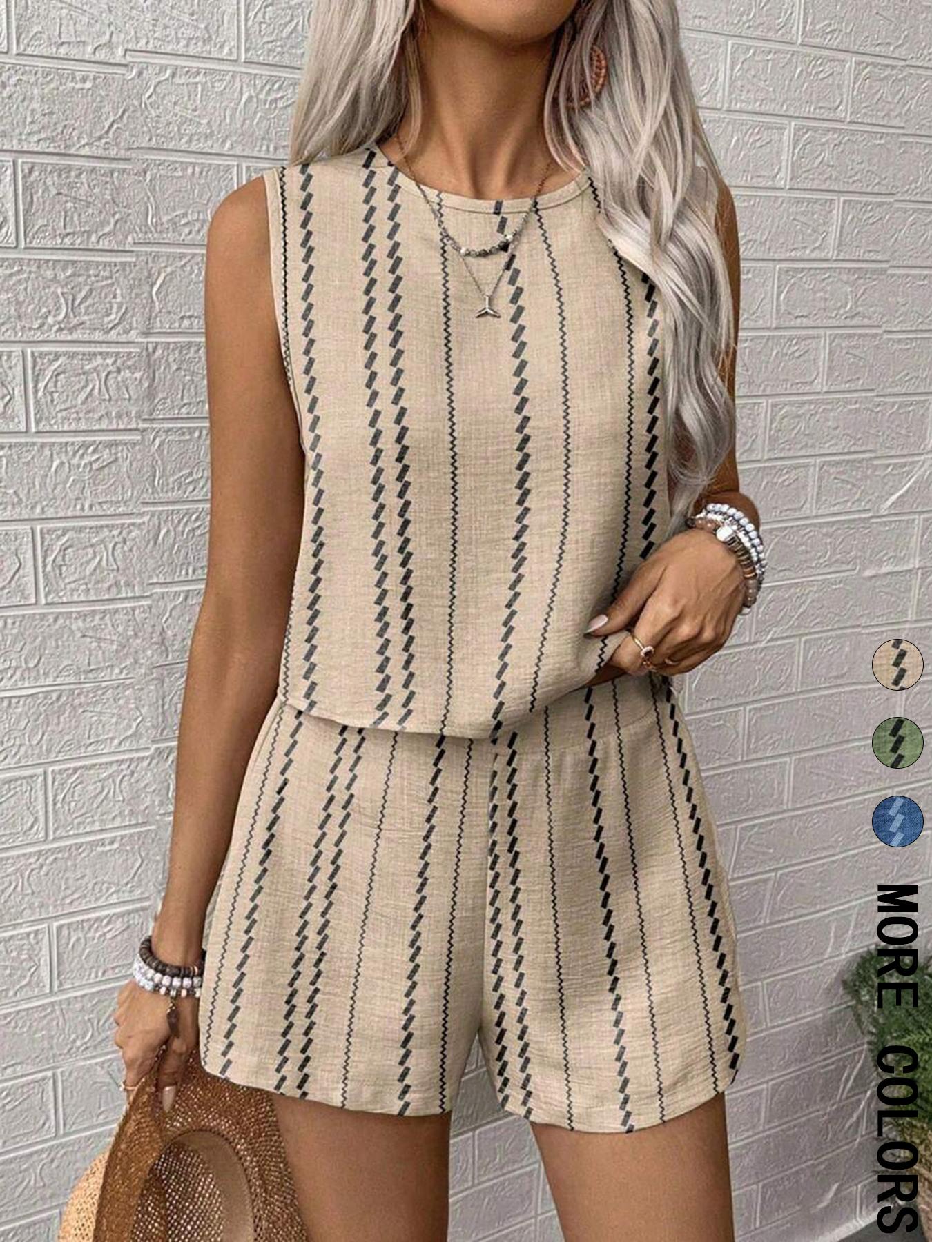 Two-piece Set Women's Striped Print Crop Tank Top & Shorts, Casual Style Set Sleeveless Round Neck Top & Shorts for Summer, Ladies Clothes for Daily Wear, Blouse Shorts Set, Striped Sets