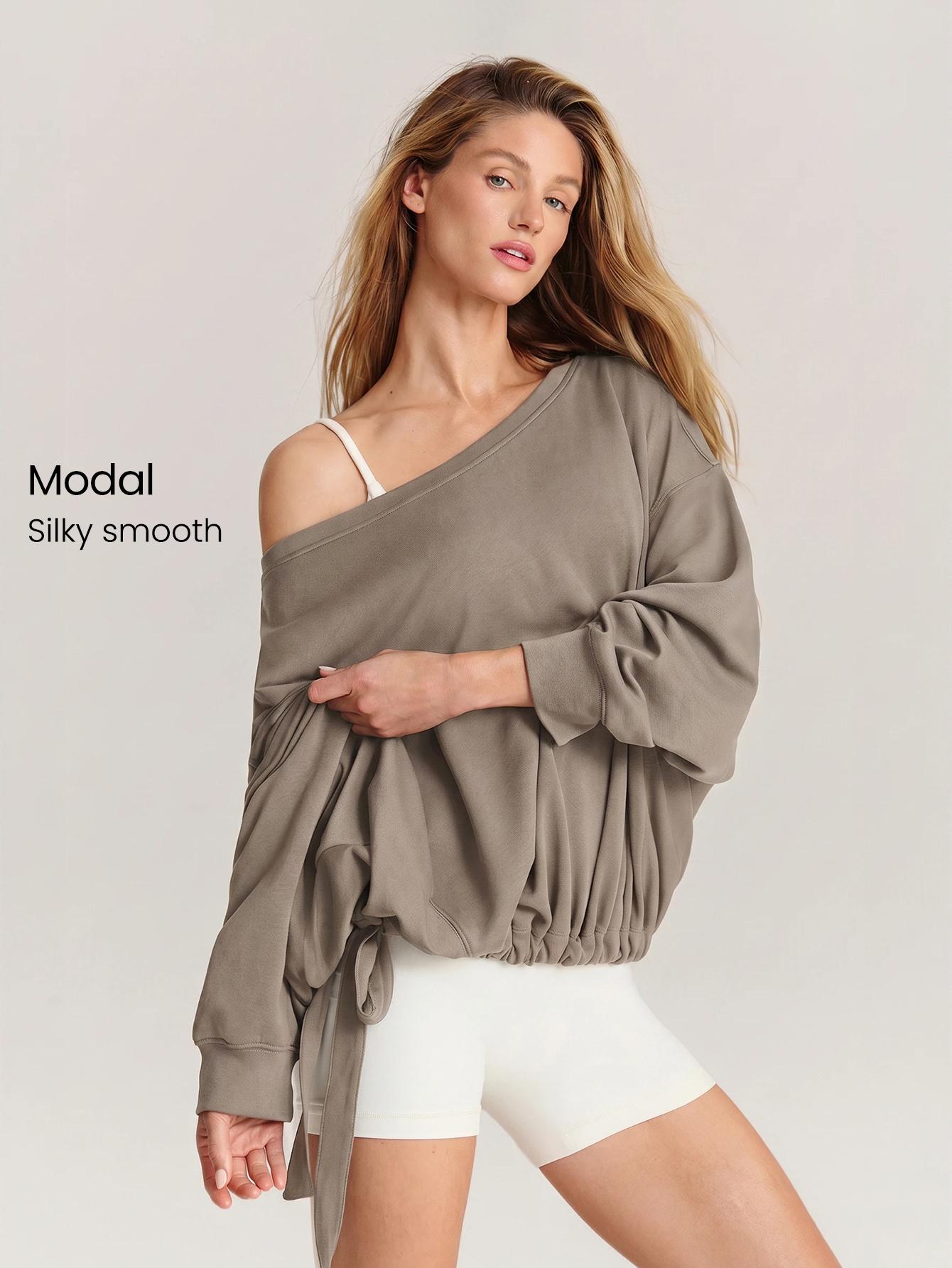 GLOWMODE SoftSerene Modal Own Your Flow Soft Silky Smooth Breathable Waist Length Adjustable Drawstring Hem One Shoulder Pullover Sweatshirt Daily Casual Wear