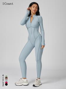 Women's Zipper Mock Neck Shapewear Bodysuit, Workout Jumpsuit, High Stretch Slim Fit Compression Shirt, Casual Sporty Underwear for Women