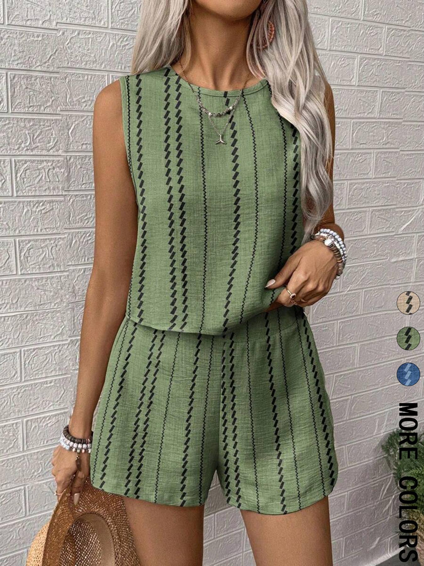 Two-piece Set Women's Striped Print Crop Tank Top & Shorts, Casual Style Set Sleeveless Round Neck Top & Shorts for Summer, Ladies Clothes for Daily Wear, Blouse Shorts Set, Striped Sets