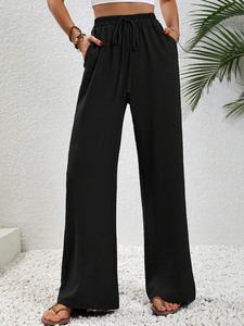 Women's Plain Drawstring High Waist Wide Leg Pants, Summer Clothes Women, Casual Comfort Cozy Pocket Elastic Waist Trousers, Women's Bottoms for Daily Back To School, Autumn Outfits 2024