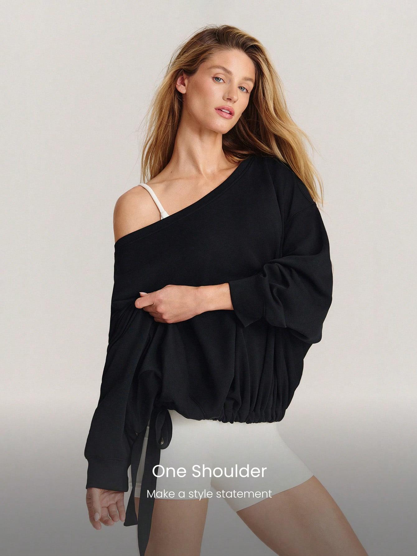 GLOWMODE SoftSerene Modal Own Your Flow Soft Silky Smooth Breathable Waist Length Adjustable Drawstring Hem One Shoulder Pullover Sweatshirt Daily Casual Wear
